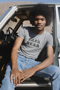 Man sat in car wearing Papa Bear Shirt for Men in gray by The Bee and The Fox